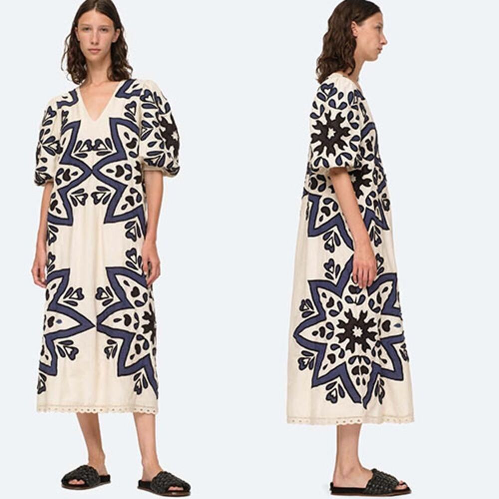 NWT Sea New York Kaia Kaleidoscope-Appliqué Puff Sleeve Midi Dress White Sz: S